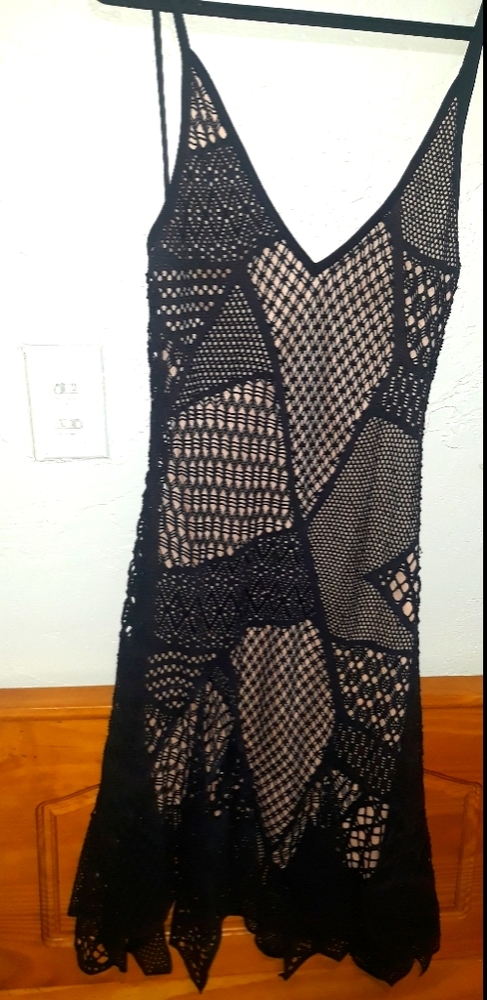 Black net patchwork lightly beaded dress